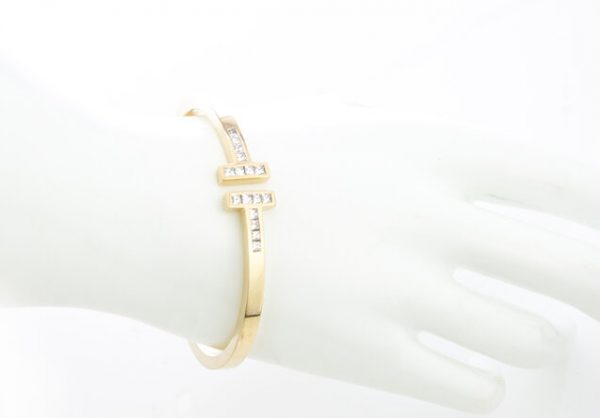 Tiffany and Co 18ct Yellow Gold Double T-Bar Bangle with 1.60cts Princess Cut Diamonds