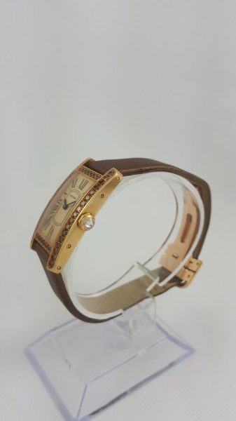 Cartier Tank Américaine Ladies Rare 18ct Yellow Gold 2482 Quartz Watch, factory set brown diamond bezel, brown satin Cartier strap, with Cartier box and service papers.
