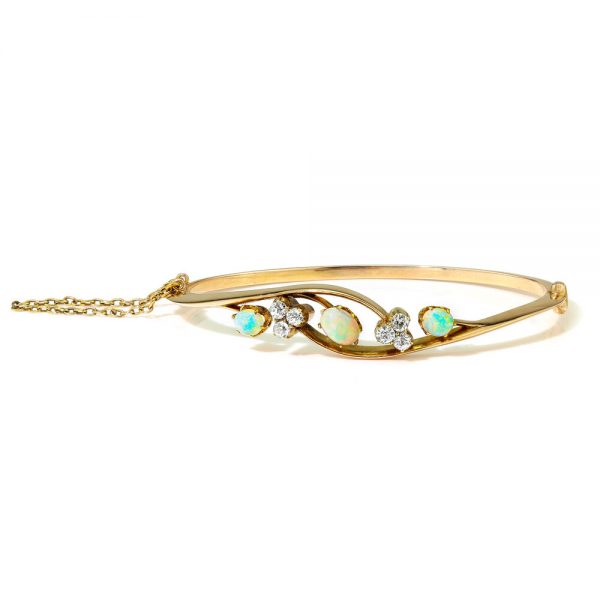 Antique Victorian Opal and Old Cut Diamond Bangle Bracelet, Circa 1860s