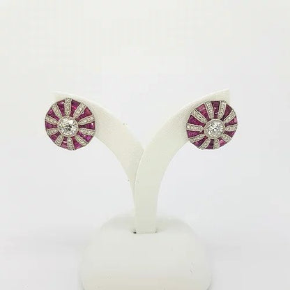 Ruby, Diamond and Platinum Cluster Target Stud Earrings