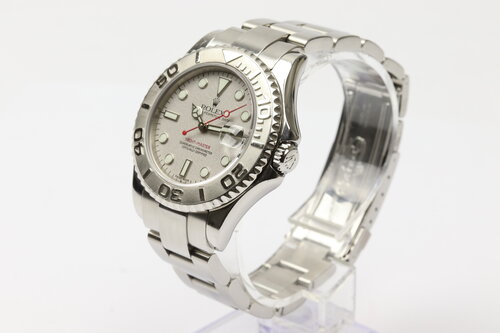 Rolex Yacht Master Midsize 35mm Stainless Steel with Platinum Insert, Ref 168622, silver dial, white hour markers, date indicator, bi-directional rotating bezel with platinum insert, automatic movement, stainless steel Oyster bracelet strap