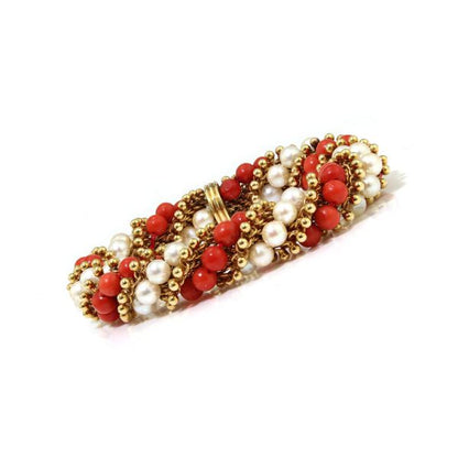 Van Cleef and Arpels 18ct Gold, Coral and Pearl Bead Twirl Bracelet