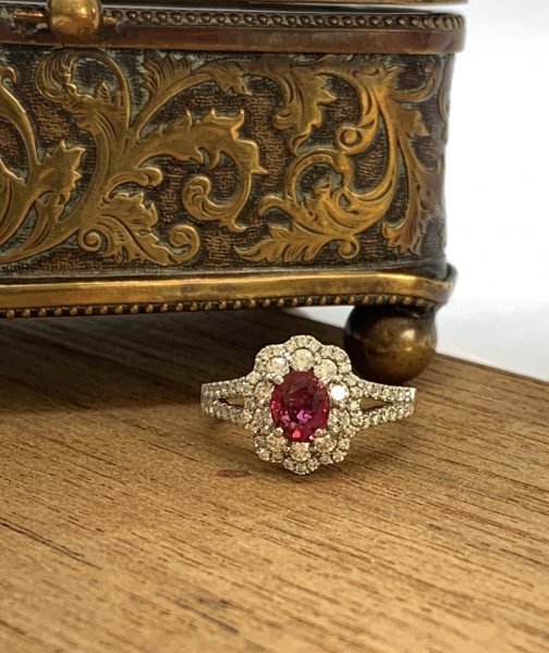 Ruby and Diamond Oval Cluster Dress Ring in 18ct Gold, 0.99 carats