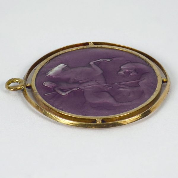 French St George Purple Enamel and 18ct Gold Medal Pendant, depicting St George defeating the Dragon, guilloche enamel to reverse