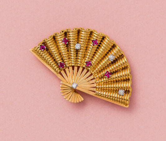 Vintage French 18ct Yellow Gold Fan Brooch set with Rubies and Diamonds, Circa 1960