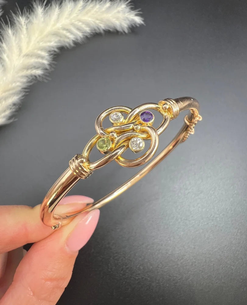 Antique 15 Carat Yellow Gold Suffragette Bangle With Gemstones