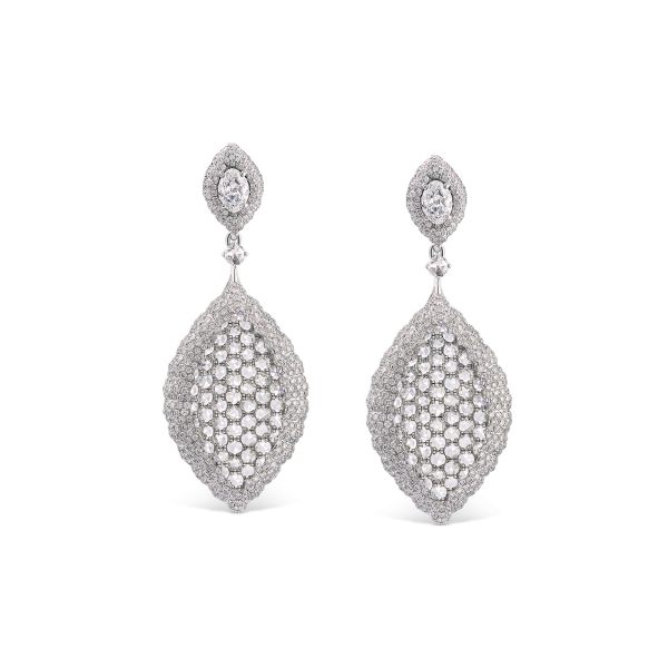 Rose Cut Diamond Cluster Drop Earrings, 5.80 carats, featuring the dazzling combination of rose-cut diamonds surrounded by round brilliant-cut diamonds