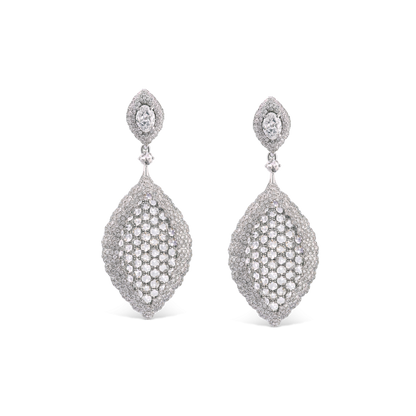 Rose Cut Diamond Cluster Drop Earrings, 5.80 carats, featuring the dazzling combination of rose-cut diamonds surrounded by round brilliant-cut diamonds