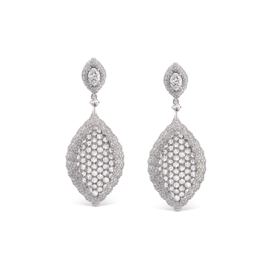Rose Cut Diamond Cluster Drop Earrings, 5.80 carats, featuring the dazzling combination of rose-cut diamonds surrounded by round brilliant-cut diamonds