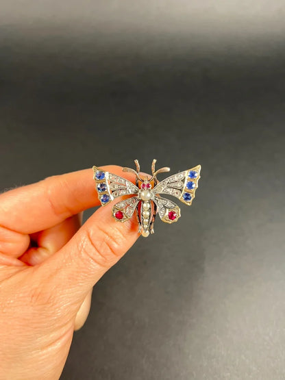 Antique Butterfly Brooch in 18 Carat Rose Gold And Silver With Gemstones