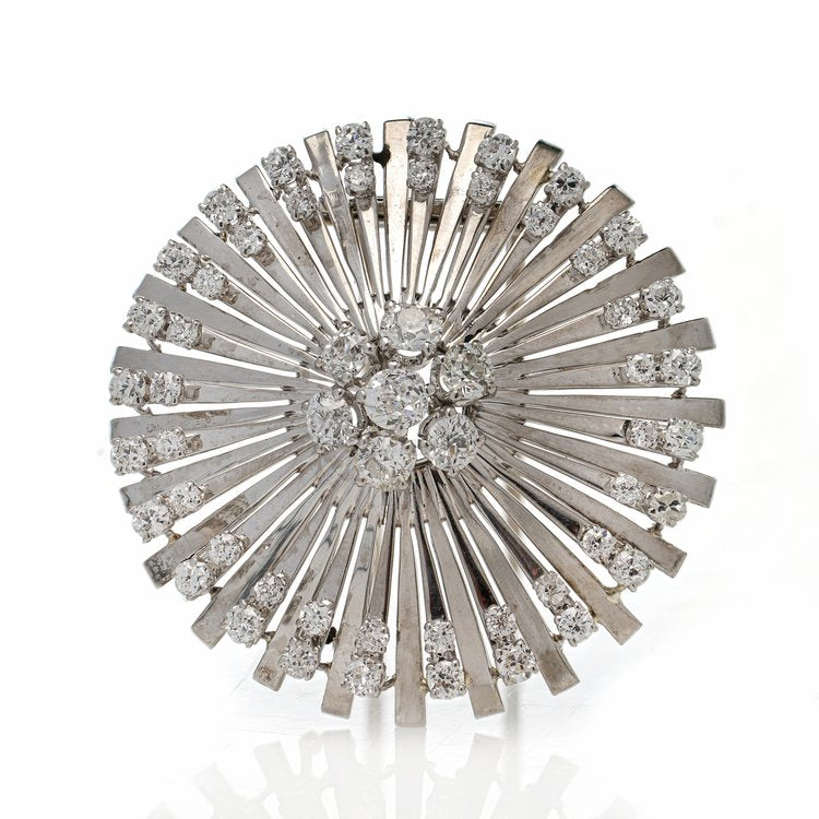 Art Deco French Platinum and 3.33ct Old Cut Diamond Flower Sunburst Brooch, 3.33 carat total, Made in France, Circa 1920s