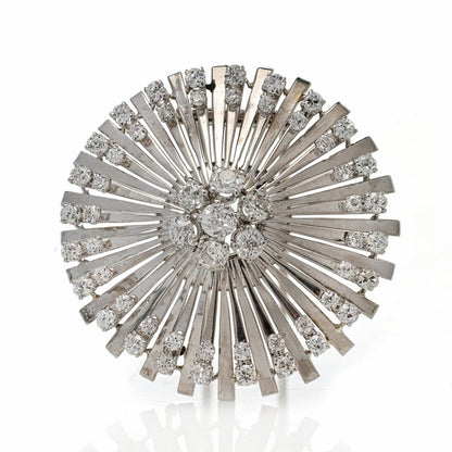 Art Deco French Platinum and 3.33ct Old Cut Diamond Flower Sunburst Brooch, 3.33 carat total, Made in France, Circa 1920s