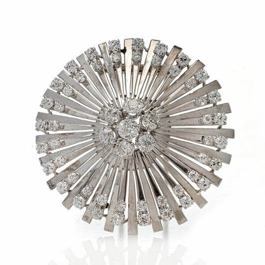 Art Deco French Platinum and 3.33ct Old Cut Diamond Flower Sunburst Brooch, 3.33 carat total, Made in France, Circa 1920s