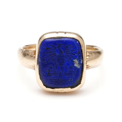 Antique Lapis Lazuli Signet Ring with Heraldic Eagle and Latin Phrase, mounted in 18ct yellow gold, with Provenance from the private collection of late Naim Attallah, CBE