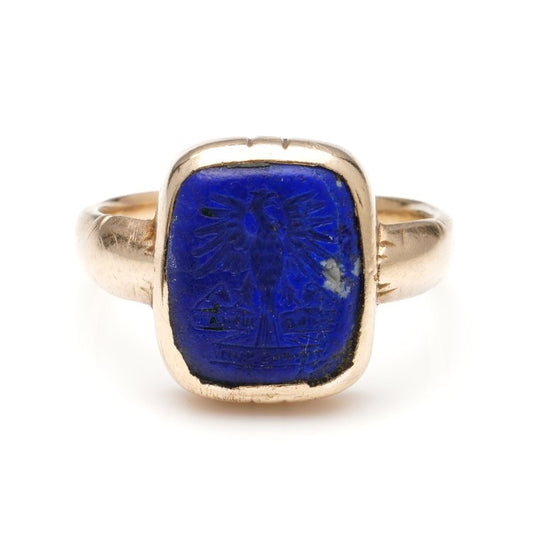 Antique Lapis Lazuli Signet Ring with Heraldic Eagle and Latin Phrase, mounted in 18ct yellow gold, with Provenance from the private collection of late Naim Attallah, CBE
