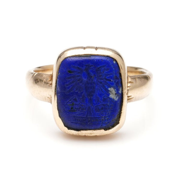 Antique Lapis Lazuli Signet Ring with Heraldic Eagle and Latin Phrase, mounted in 18ct yellow gold, with Provenance from the private collection of late Naim Attallah, CBE