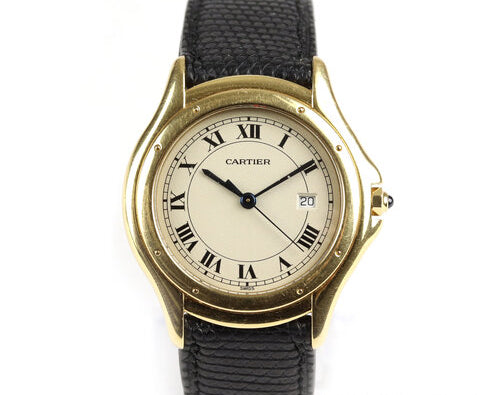 Cartier Cougar 18ct Yellow Gold 33mm Large Model, Gents/Unisex, Ref: 887904, off white dial, Roman numerals, date aperture at 3, blue steel hands, blue cabochon gem set crown, quartz movement, black lizard strap