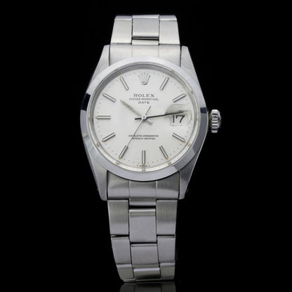 Vintage Rolex Oyster Perpetual Date 1500 Stainless Steel 34mm Automatic Chronometer Watch with smooth bezel, Circa 1980s