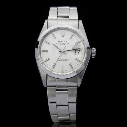 Vintage Rolex Oyster Perpetual Date 1500 Stainless Steel 34mm Automatic Chronometer Watch with smooth bezel, Circa 1980s
