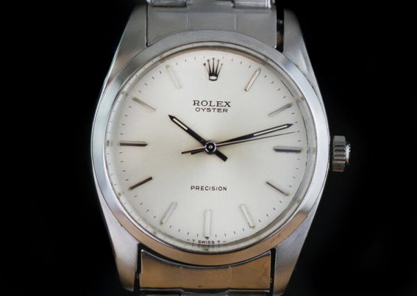 Vintage Rolex Oyster Precision 6424 Stainless Steel 34mm Manual Watch, with Box and Papers, engraved J Gaitskell, HMS Nubian marine engineer mechanic