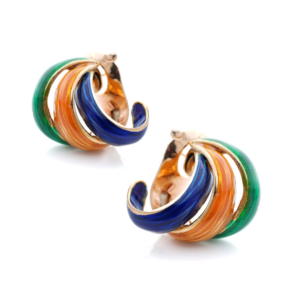 Van Cleef and Arpels Gold and Colourful Enamel Earrings, crafted from 18ct yellow gold and decorated with exquisite coloured orange, green and blue enamel, Circa 1960s