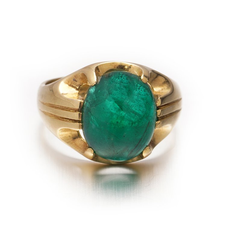 Certified 7.50ct Domed Cabochon Zambian Emerald Ring in 18ct Yellow Gold