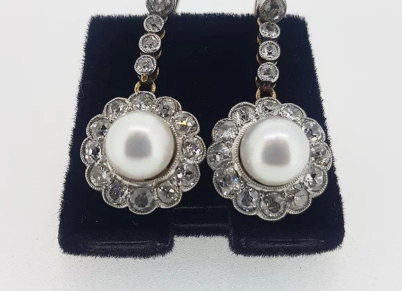 Vintage Pearl and Diamond Cluster Drop Earrings; featuring cultured pearls surrounded by 2.80cts old-cut diamonds. Mounted in 18ct gold