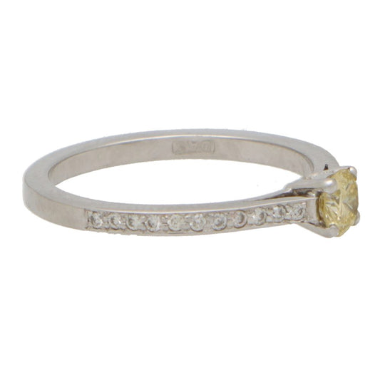Modern Yellow Diamond Solitaire Engagement Ring with White Diamond Shoulders