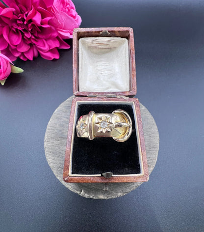 Antique 18ct Yellow Gold, Star Set Diamond Buckle/Belt Ring, Hallmarked Birmingham 1919