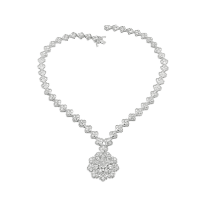Statement Rose Cut Diamond Necklace with Cluster Pendant; encrusted with 18.86 carats rose-cut and round brilliant-cut diamonds in floral motifs, G/H colour and VS clarity, handmade and crafted in 18ct white gold