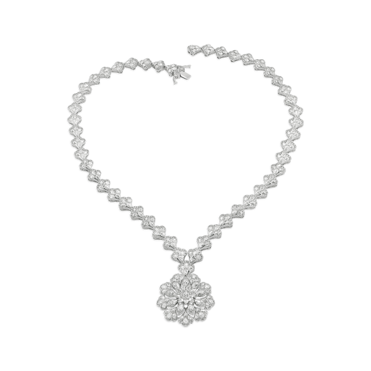 Statement Rose Cut Diamond Necklace with Cluster Pendant; encrusted with 18.86 carats rose-cut and round brilliant-cut diamonds in floral motifs, G/H colour and VS clarity, handmade and crafted in 18ct white gold