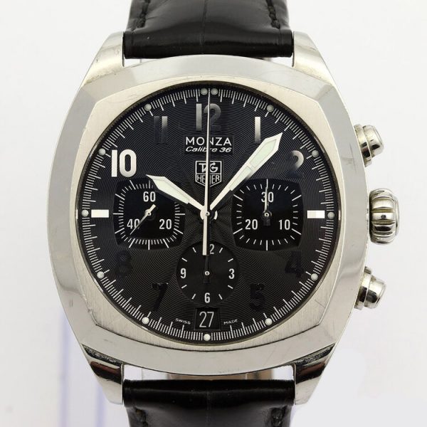 Tag Heuer Monza 38mm Steel Automatic Chronograph; Ref. CR5110, black dial with Arabic numerals, calibre 36 movement visible through the display back, on a TAG Heuer black leather strap with stainless steel push-button deployment buckle.