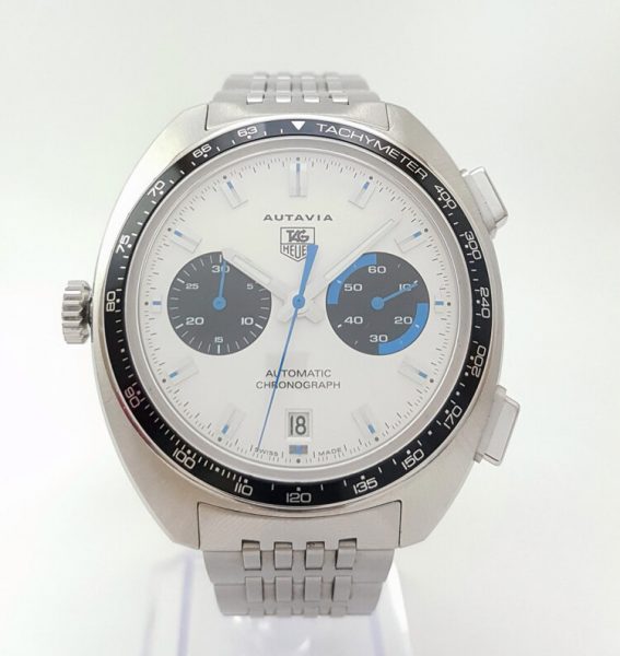 Tag Heuer Autavia Re Edition 42mm Stainless Steel Automatic Chronograph with White Dial; model number CY2110, on a stainless steel bracelet, Circa 2000s. Comes with TAG Heuer box