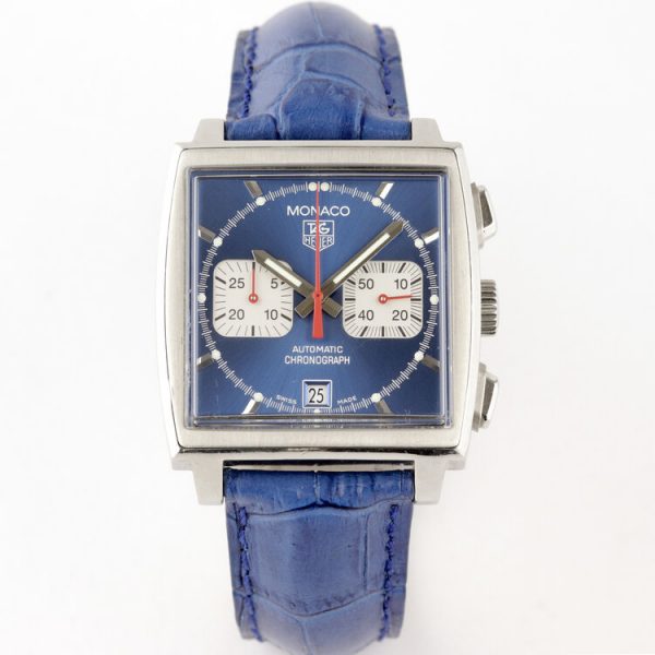 Vintage Tag Heuer Monaco Re Edition Automatic Chronograph with Blue Dial; Steve McQueen, 38mm stainless steel case with blue dial and acrylic crystal, on a blue leather strap with Tag Heuer deployment buckle, Circa 1990s
