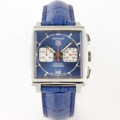Vintage Tag Heuer Monaco Re Edition Automatic Chronograph with Blue Dial; Steve McQueen, 38mm stainless steel case with blue dial and acrylic crystal, on a blue leather strap with Tag Heuer deployment buckle, Circa 1990s