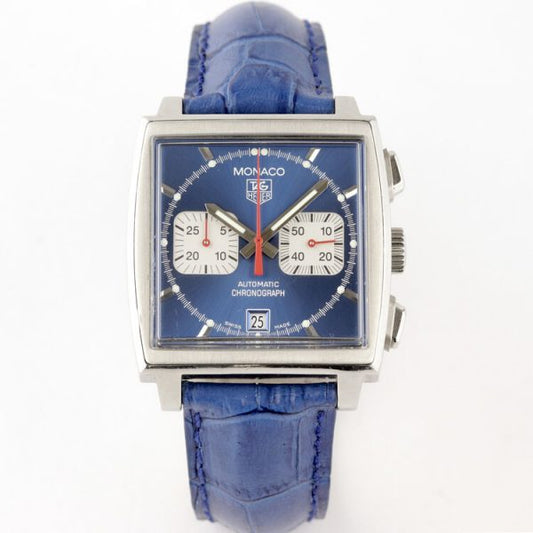 Vintage Tag Heuer Monaco Re Edition Automatic Chronograph with Blue Dial; Steve McQueen, 38mm stainless steel case with blue dial and acrylic crystal, on a blue leather strap with Tag Heuer deployment buckle, Circa 1990s