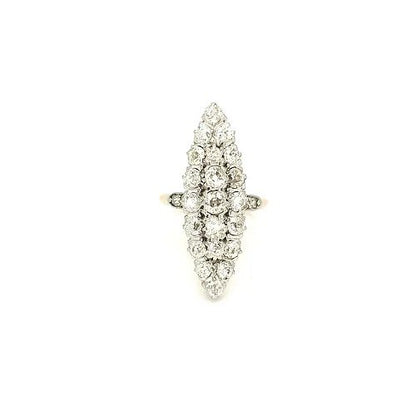 Antique Victorian Marquise Shaped Diamond Navette Ring; navette cluster ring, round cut diamonds set into a marquise shape, 2.00 carat total