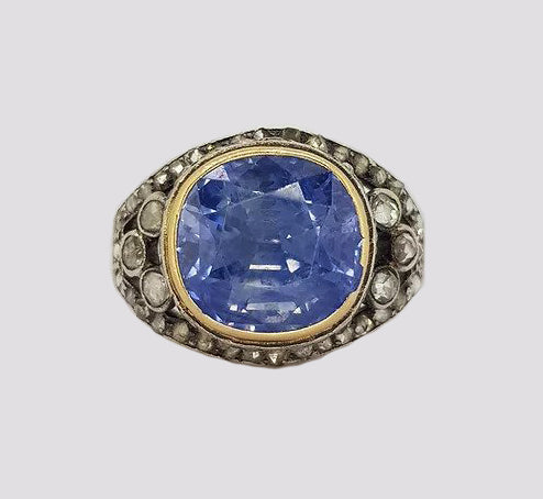 Antique Victorian Natural Sapphire and Rose Cut Diamond Ring; cushion-shaped natural sapphire with rose-cut diamond border, rose-cut diamond set shoulders