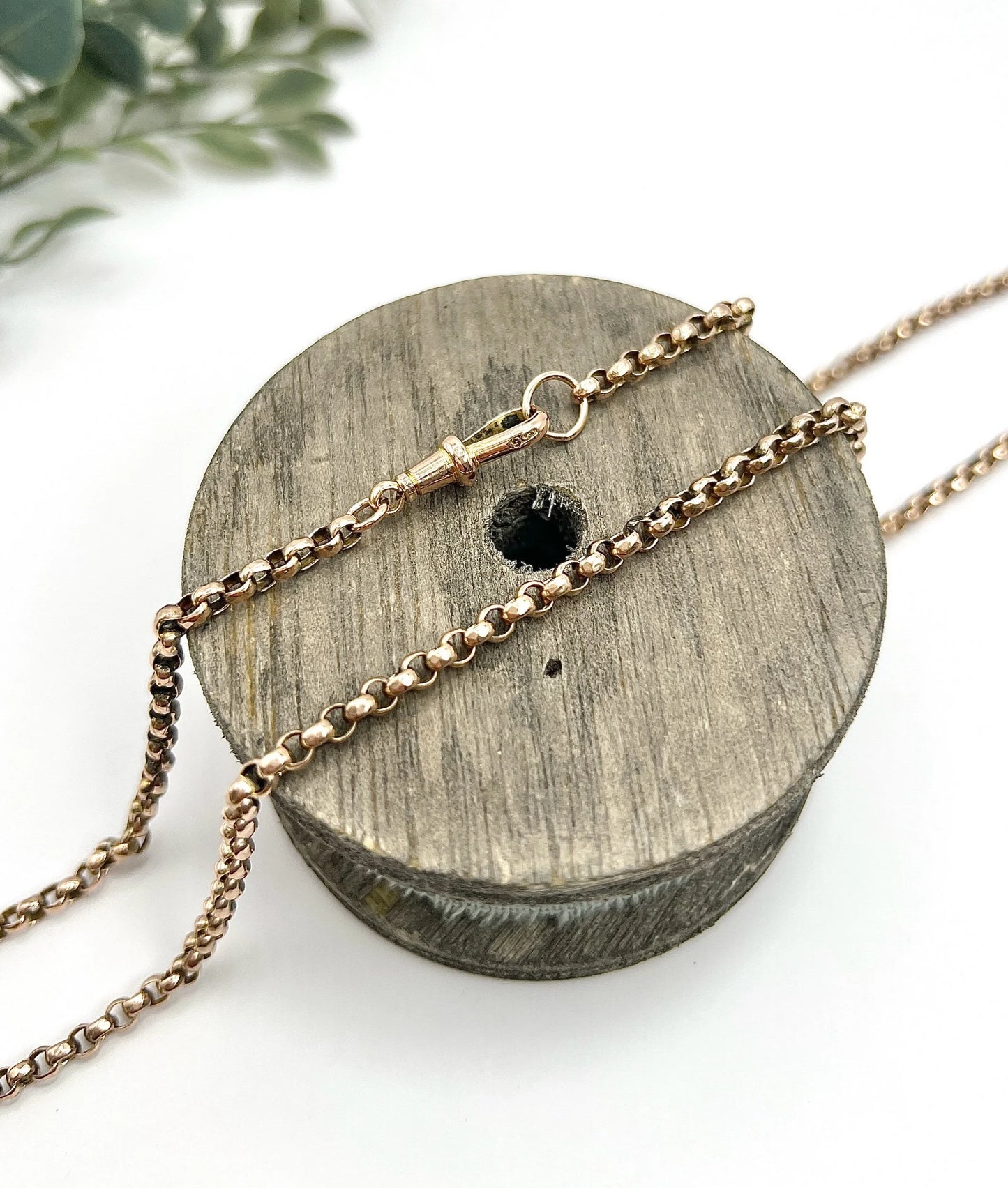 Antique 9 ct Rose Gold Edwardian Faceted Round Belcher Link Chain With Swivel Dog Clip