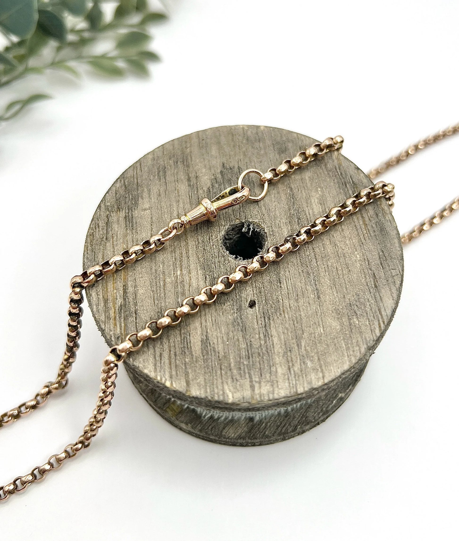 Antique 9 ct Rose Gold Edwardian Faceted Round Belcher Link Chain With Swivel Dog Clip