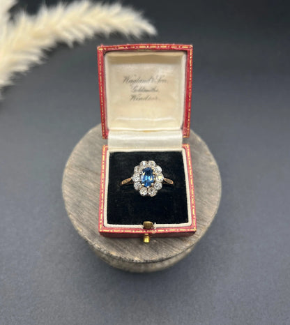 Victorian 18 Carat Yellow Gold, Sapphire and Diamond Oval Cluster Ring, Circa 1880