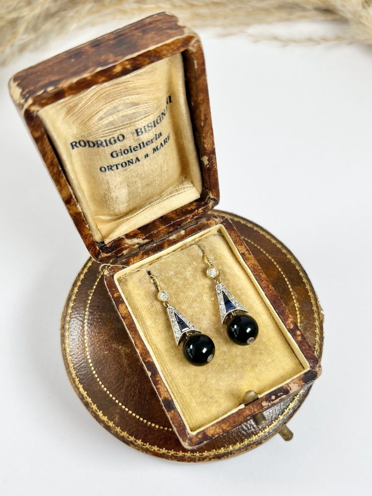 Antique 18ct Gold & Platinum, Edwardian Diamond, Sapphire, Onyx Drop Dangle Earrings