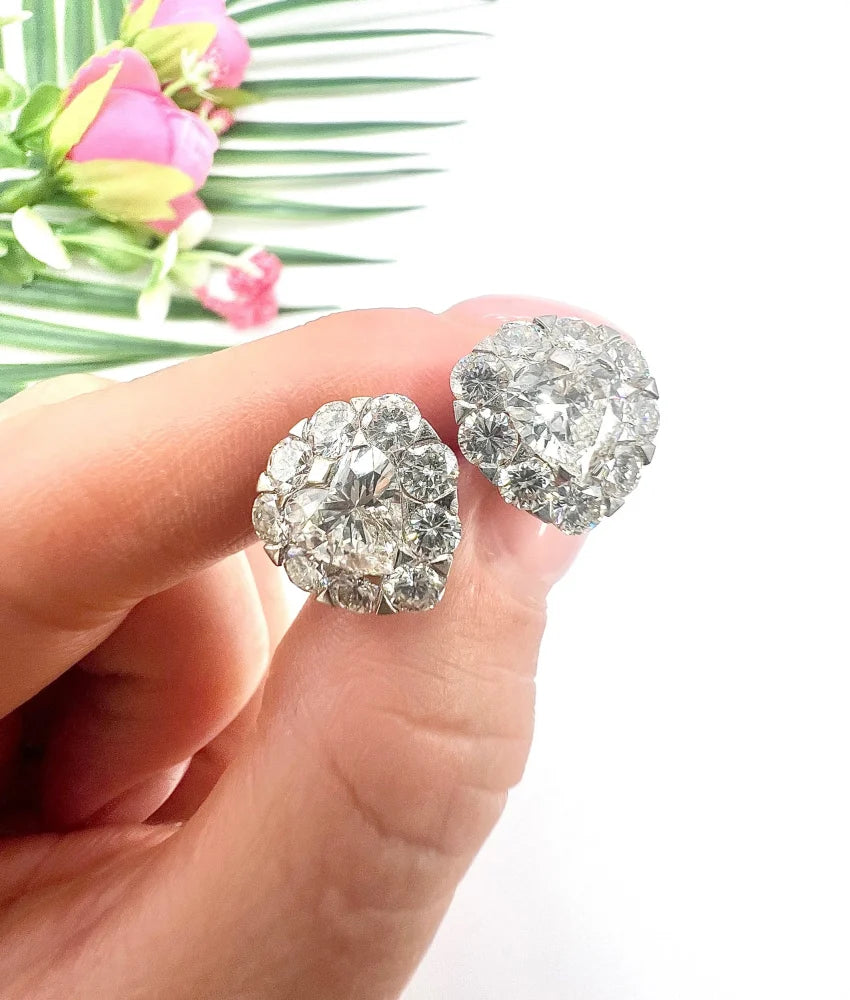 Vintage French 5.80ct Heart Diamond Cluster Stud Earrings