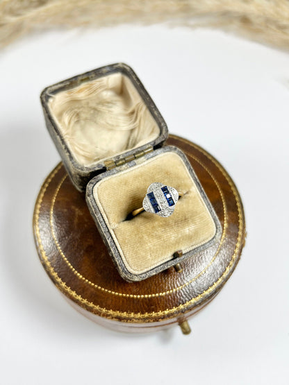 1920s Original Art Deco Sapphire Diamond Panel Engagement Dress 18ct Yellow Gold Ring