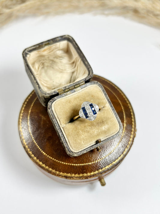 1920s Original Art Deco Sapphire Diamond Panel Engagement Dress 18ct Yellow Gold Ring
