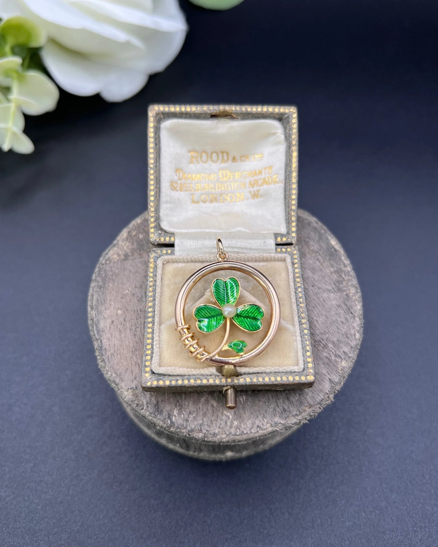 Antique 15 ct Gold, Edwardian Green Enamel And Pearl, 3 Leaf Clover Shamrock Pendant
