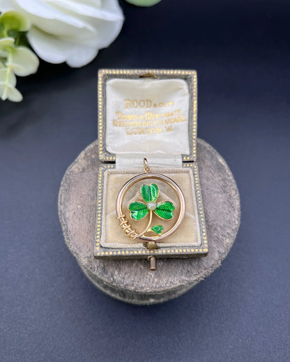 Antique 15 ct Gold, Edwardian Green Enamel And Pearl, 3 Leaf Clover Shamrock Pendant