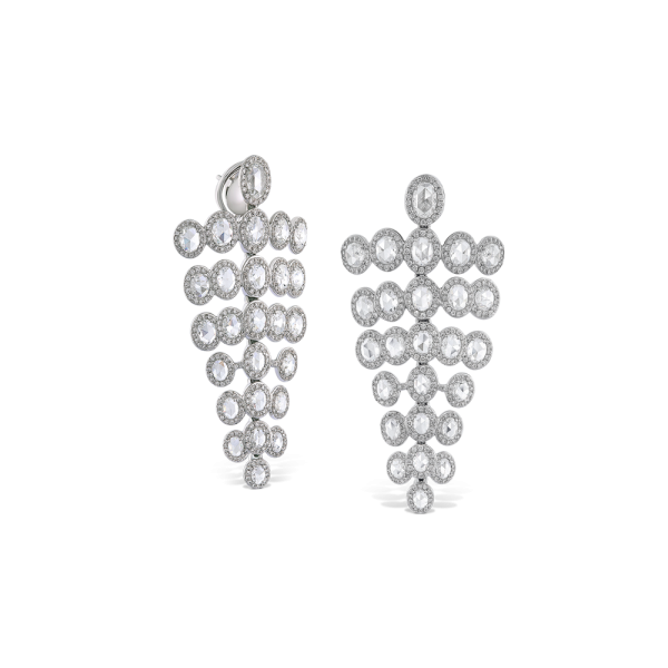 Rose Cut Diamond Chandelier Drop Earrings; featuring 7.18cts oval rose-cut diamonds surrounded by 2.09cts round brilliant cut diamonds, 9.27 carat total