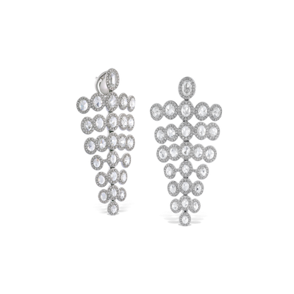 Rose Cut Diamond Chandelier Drop Earrings; featuring 7.18cts oval rose-cut diamonds surrounded by 2.09cts round brilliant cut diamonds, 9.27 carat total