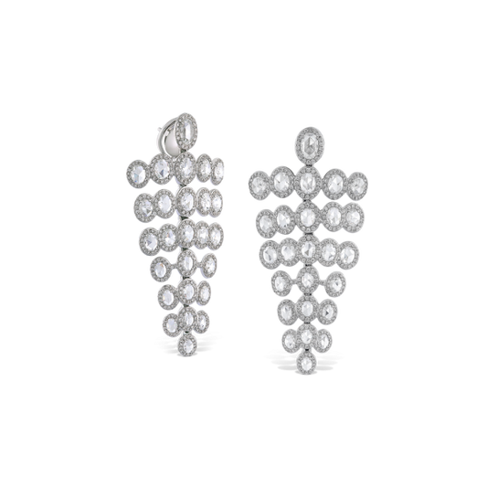 Rose Cut Diamond Chandelier Drop Earrings; featuring 7.18cts oval rose-cut diamonds surrounded by 2.09cts round brilliant cut diamonds, 9.27 carat total